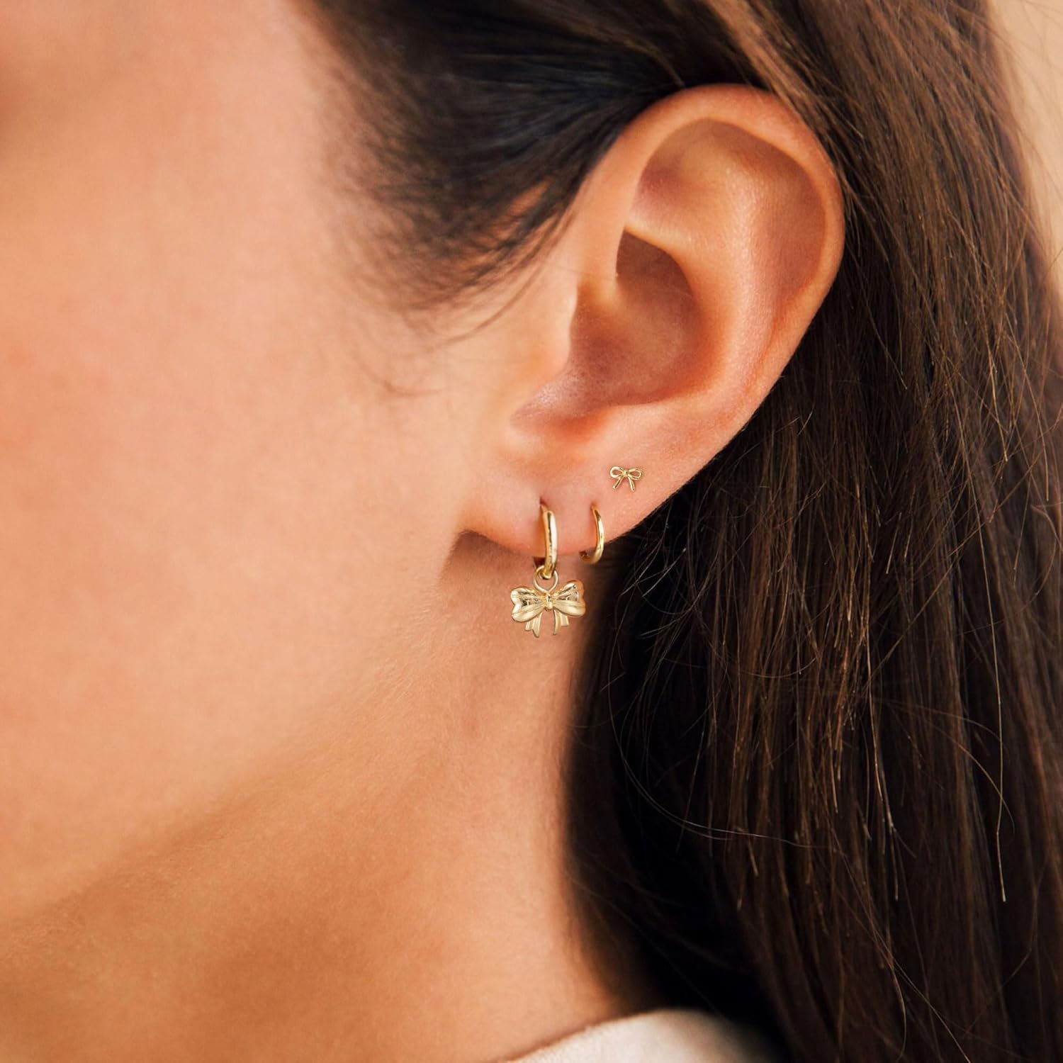 VRIUA 3 Pairs Gold Earrings Set - 14K Gold Plated Stacks Earring Bow Pearl Butterfly Heart Clover Star Moon Diamond Starburst Huggie Hoop Earrings for Women Trendy Jewelry - Image 3