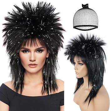 BESTBEL+Hair Cap 80s Wig Black Sliver Mullet Wig for Women Rocking Diva Wigs Long Spiky Wigs with Bangs Rocker Punk Hair for Halloween Costume Womens Christmas Outfit Disco Night Bachelorette Party | Funny Wigs for Women Black Silver Spiky Wigs for Crazy Disco Night Halloween Cosplay Christmas Bachelorette Party +Hair Net