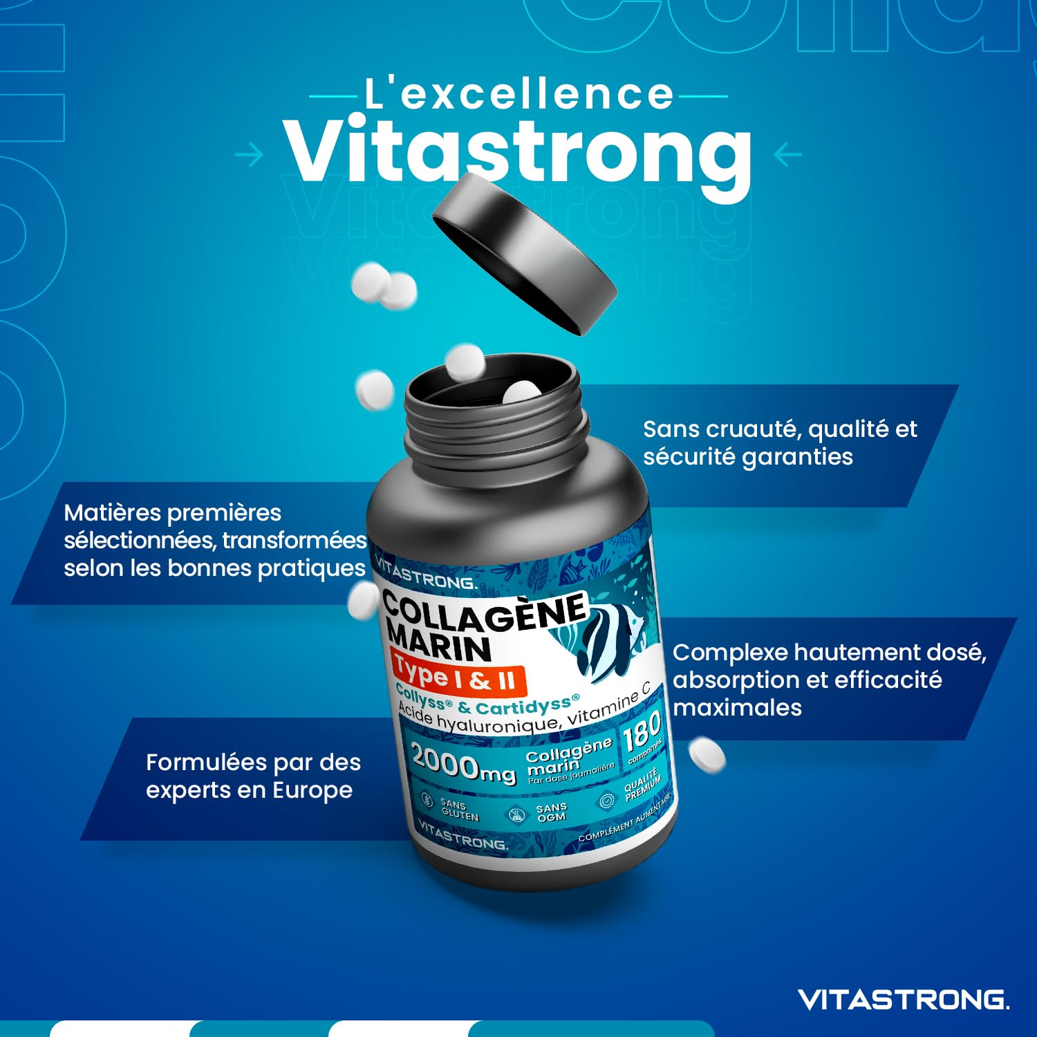 Collagene Marin, Acide Hyaluronique, Vitamine C, 180 Comprimés, Collagène Hydrolysé de Type 1&2 Collyss Cartidyss, Supplément de Collagene Marin Acide Hyaluronique avec Vitamin C, Qualité Vitastrong