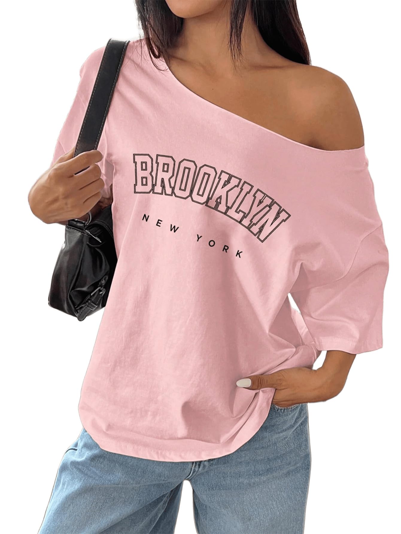 SXV STYLE Brooklyn Newyork Oversized Asymmetrical Shoulder Brooklyn Loose T-Shirt, Y2K Graphic Tees Women Tops (in, Alpha, M, Pink)