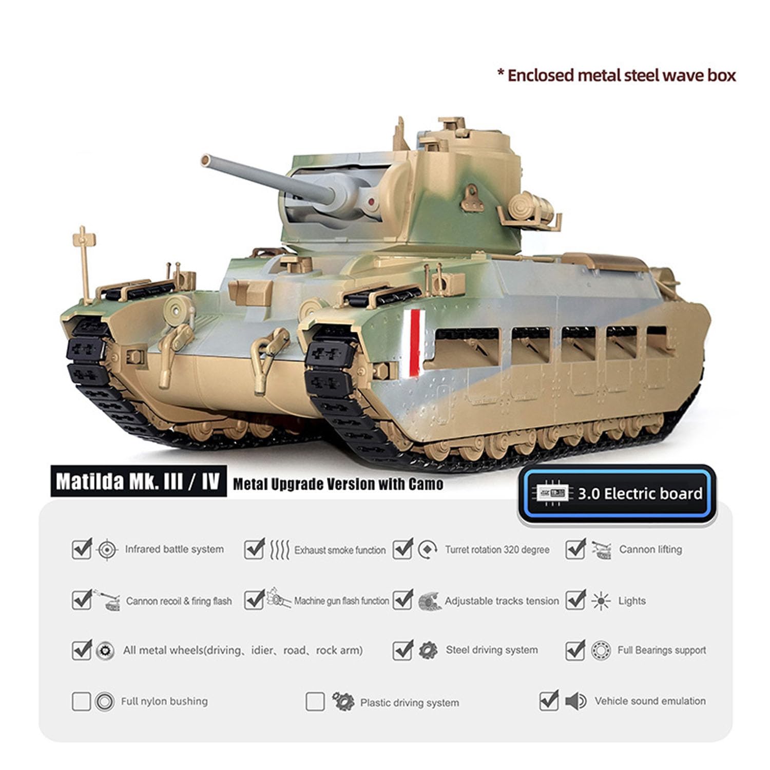Sistema a infrarossi 1/16 Tongde, carro armato radiocomandato Matilda III IV 320, torre girevole, luce e rumore, tutte le ruote in metallo, batteria pronta per il funzionamento