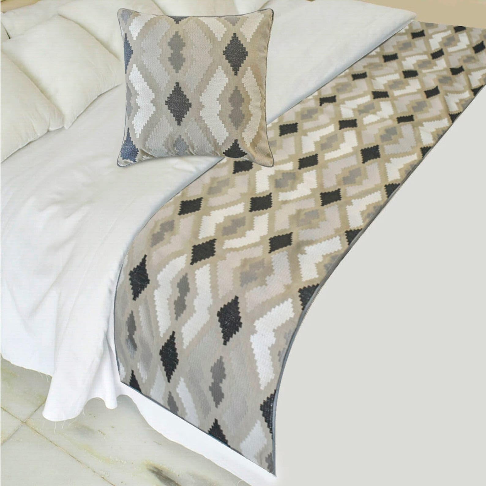 The HomeCentric King/Queen/Twin Beige Decorative Bed Runner CA King 215x45 cm Bed Runner WITHOUT Cushion Cover, Embroidery,Aztec Bed Scarf on Linen fabric - Thread Tale