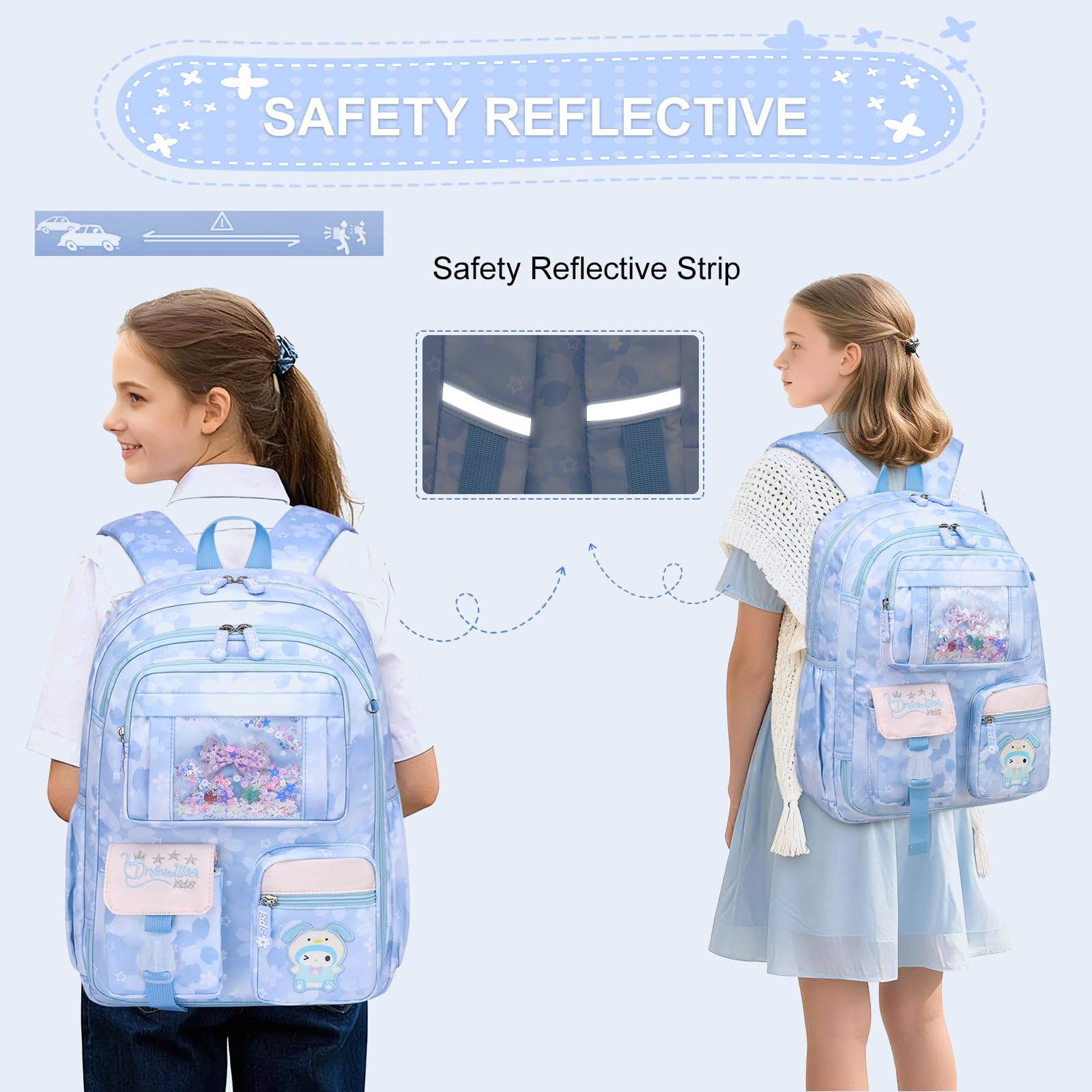 KEBEIXUAN Set Mochila Escolar Niña 3 Piezas para Colegio, Mochila Infantil Primaria con Fiambrera y Estuche, Apertura 180°, Ligera 26L, Cabe A4-6-10 Años (conjunto azul)