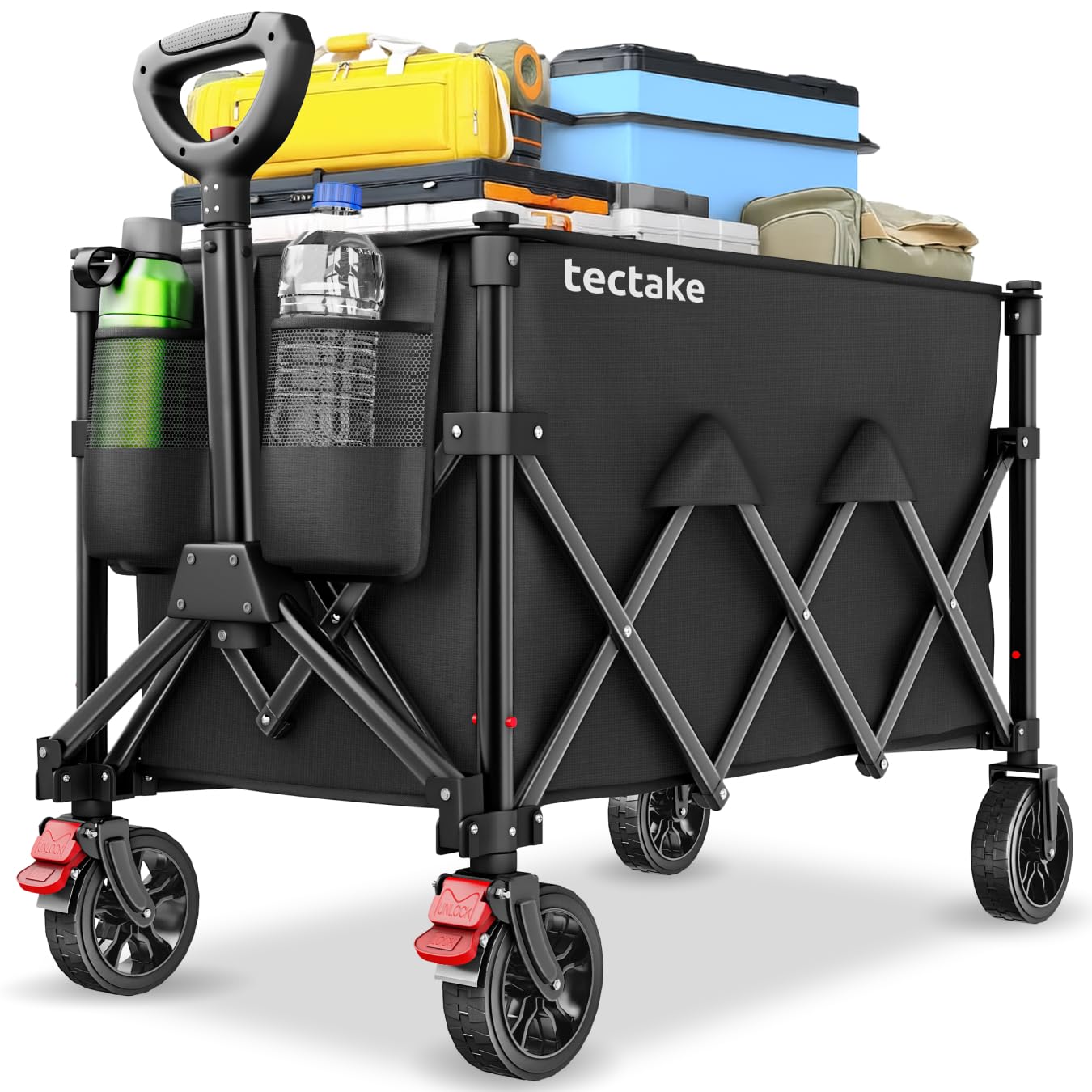 tectake® Bollerwagen faltbar, Transportwagen klappbar, Transporter mit Teleskopgriff und Rückholmechanismus, Profil Kunststoffräder mit Bremse, mit Plane und Einlegebogen, Belastbarkeit 80 kg - 120 L