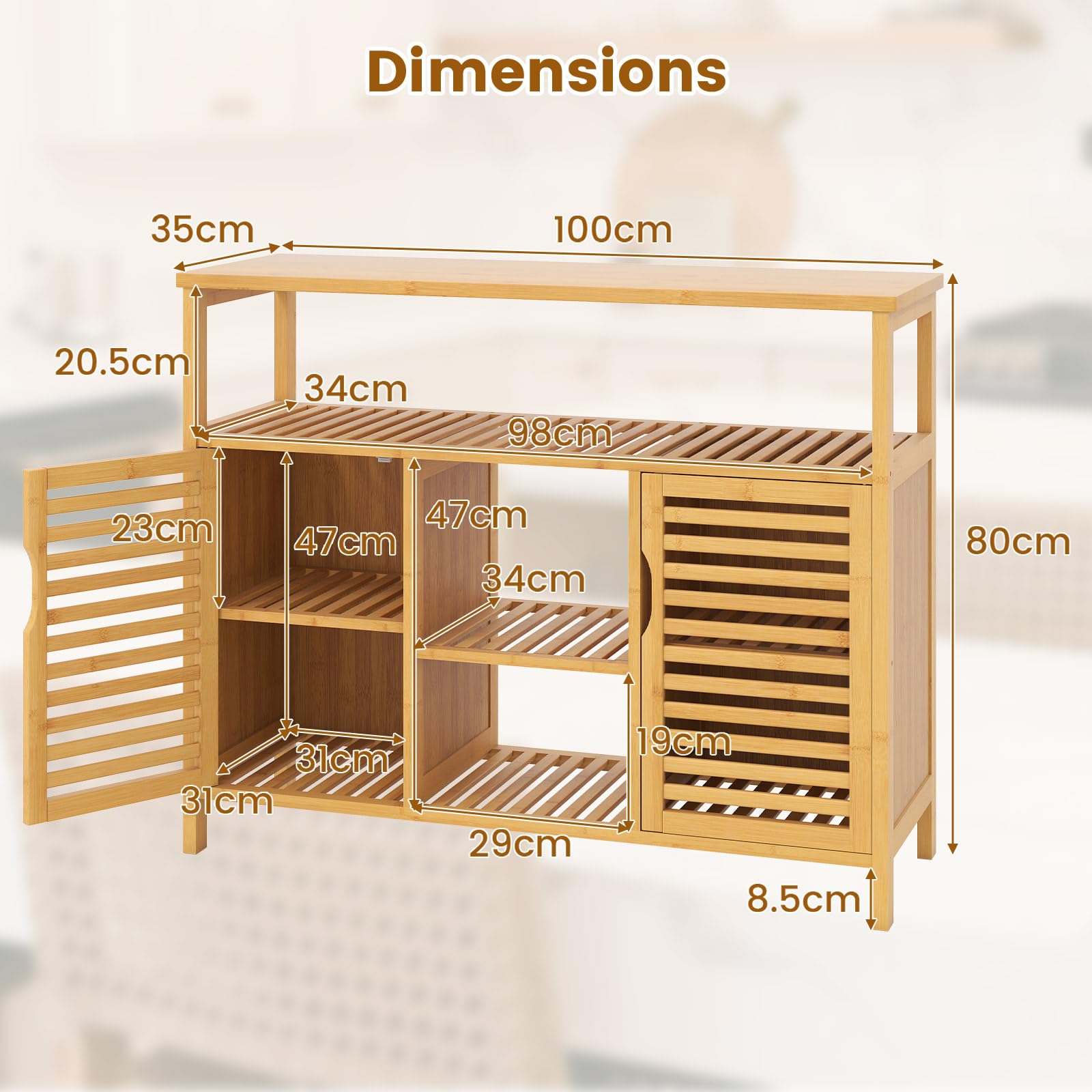 KOMFOTTEU Credenza Cucina in Bambù, Mobile da Bagno con Ripiani Aperti e 2 Porte, Armadio a Buffet a Doghe per Soggiorno, Sala da Pranzo, 100 x 35 x 80 cm, Naturale