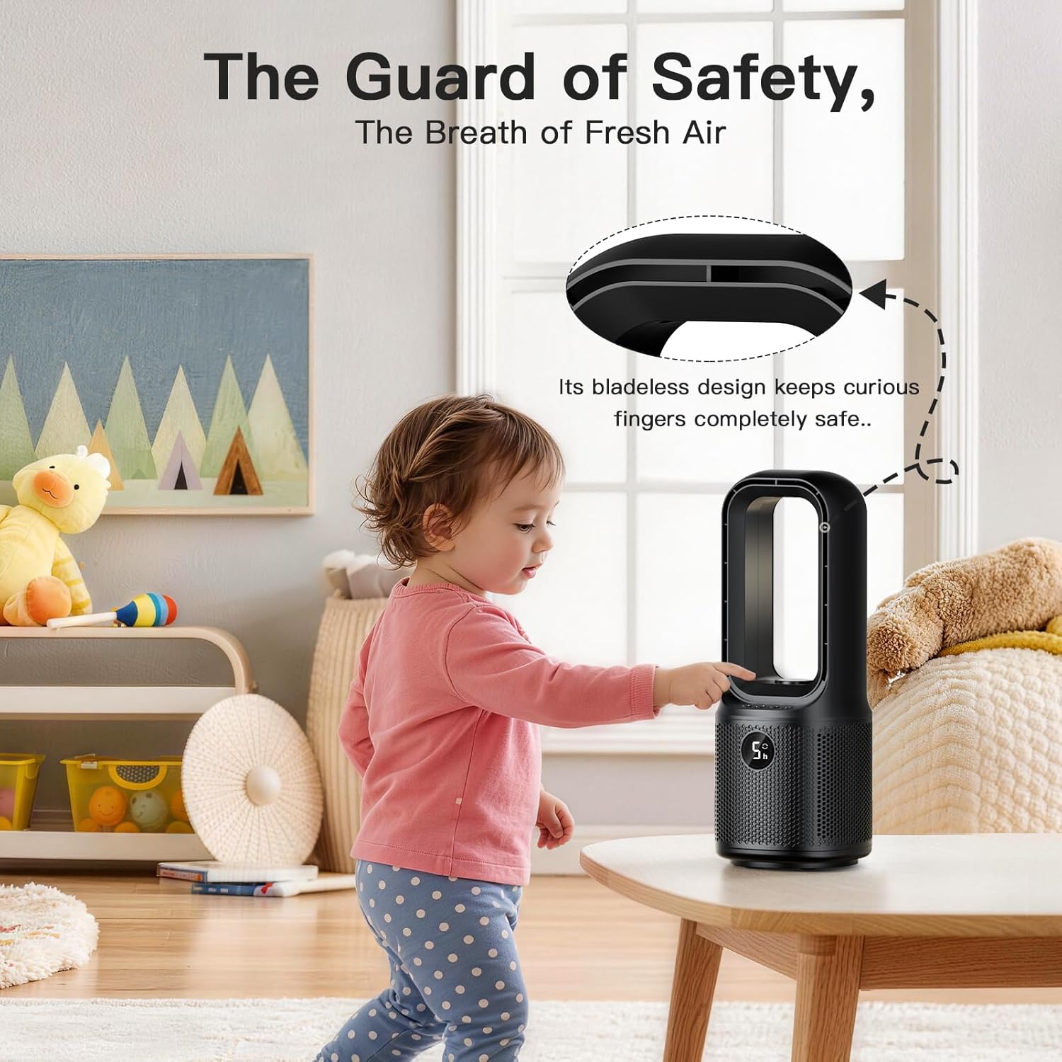 let'me Bladeless Desk Fan, 5-Speed Small Table Fan with 3-Color Night Light, 72° Oscillation, 9-Hour Timer, Wired Power with Adapter Ultra-Quiet Personal Cooling Fan for Bedroom Office Home, 13x5 Inch