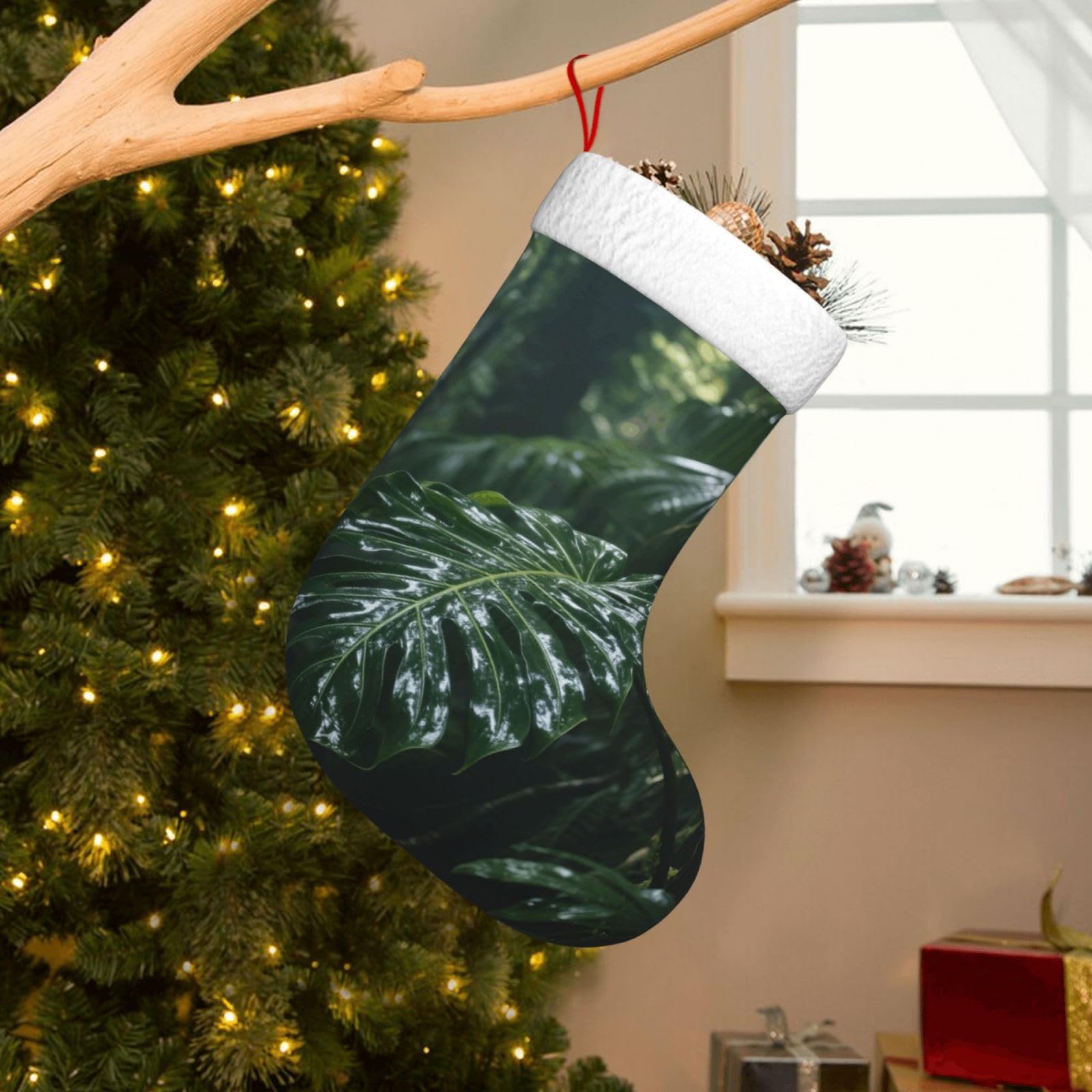 Velvet Christmas Stockings 17.7 Inch, Plant Xmas Stocking with Soft Cuff,Classic Personalized Christmas Tree Decoration for Family Holiday New Year Party Supplies