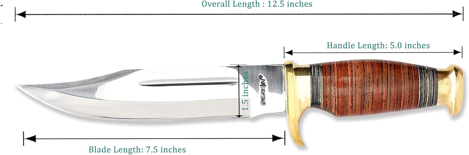Perkins | 12.5 inch Fixed Blade Bowie Knife | Hunting Knife, Leather Handle | Leather Sheath | Designed for Hunting, Survival, Skinning, Camping & Self Defense | : Hunting Fixed Blade Knives : Sports & Outdoors