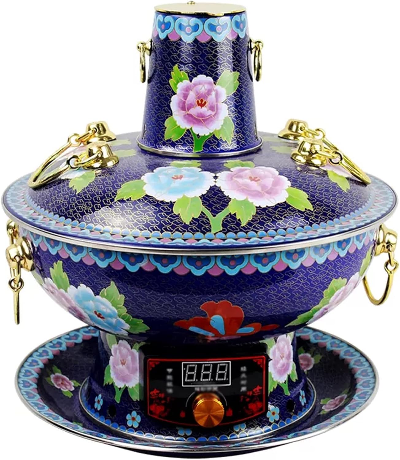 Olla Eléctrica Vintage de Cobre, Parrilla Dual, Calentador Antiguo (Azul, 34 cm)