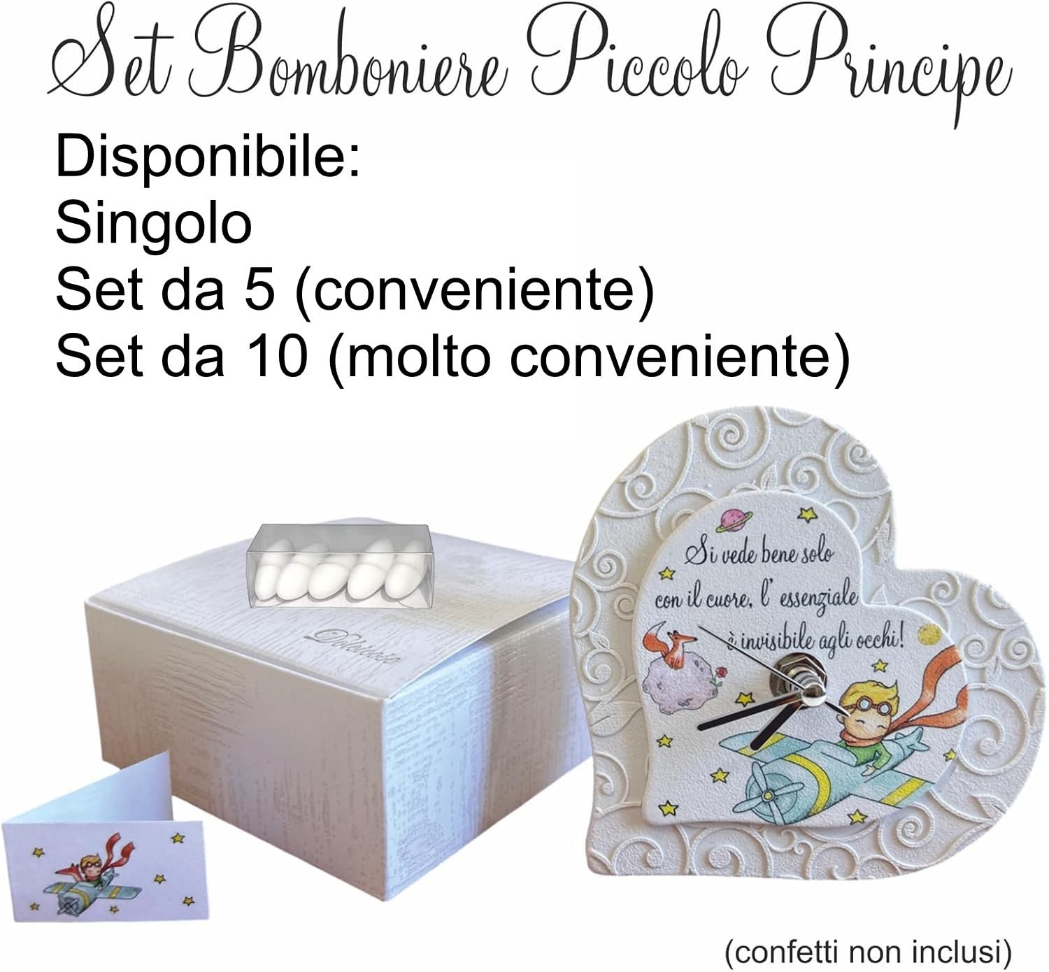 Regalami.Shop Set di 5 bomboniere Orologio con Piccolo Principe in Marmo di Carrara ricomposto, Completo di Scatola, bigliettino Coordinato e scatolina Porta Confetti (5, Cuore)