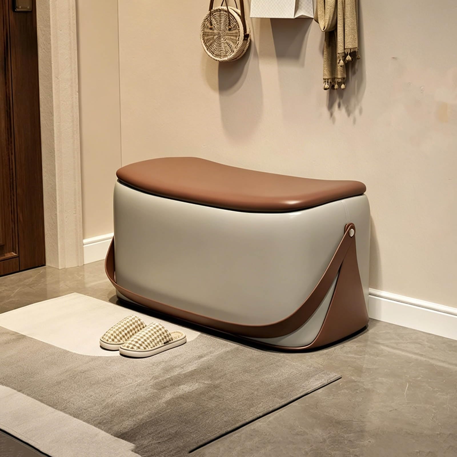 Sitzbank mit Stauraum, Elegante Truhenbank aus Echtem Nappa Leder mit Praktischem Trageriemen, Komfortable Polsterbank Bettbank und Fußhocker für Schlafzimmer Wohnzimmer(B,60cm/23.6in)