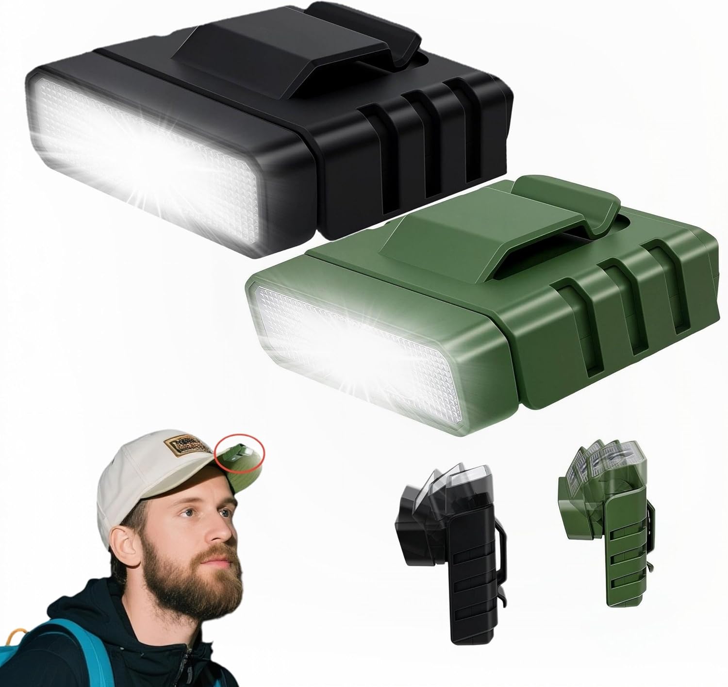 2Pcs Clip on Cap Light,Magnetic,Artist Limited Edition,USB C Cap Lights Clip on 220 Lumens with Red Light for Everyday Carry, Camping, Hiking Night Working, Running, Fishing (Black&Green)