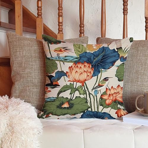 Vista 106 de ArogGeld Fundas de cojín asiáticas escénicas elegantes chinoiserie, diseño de loto verde, pájaros, jardines, funda de almohada para sofá