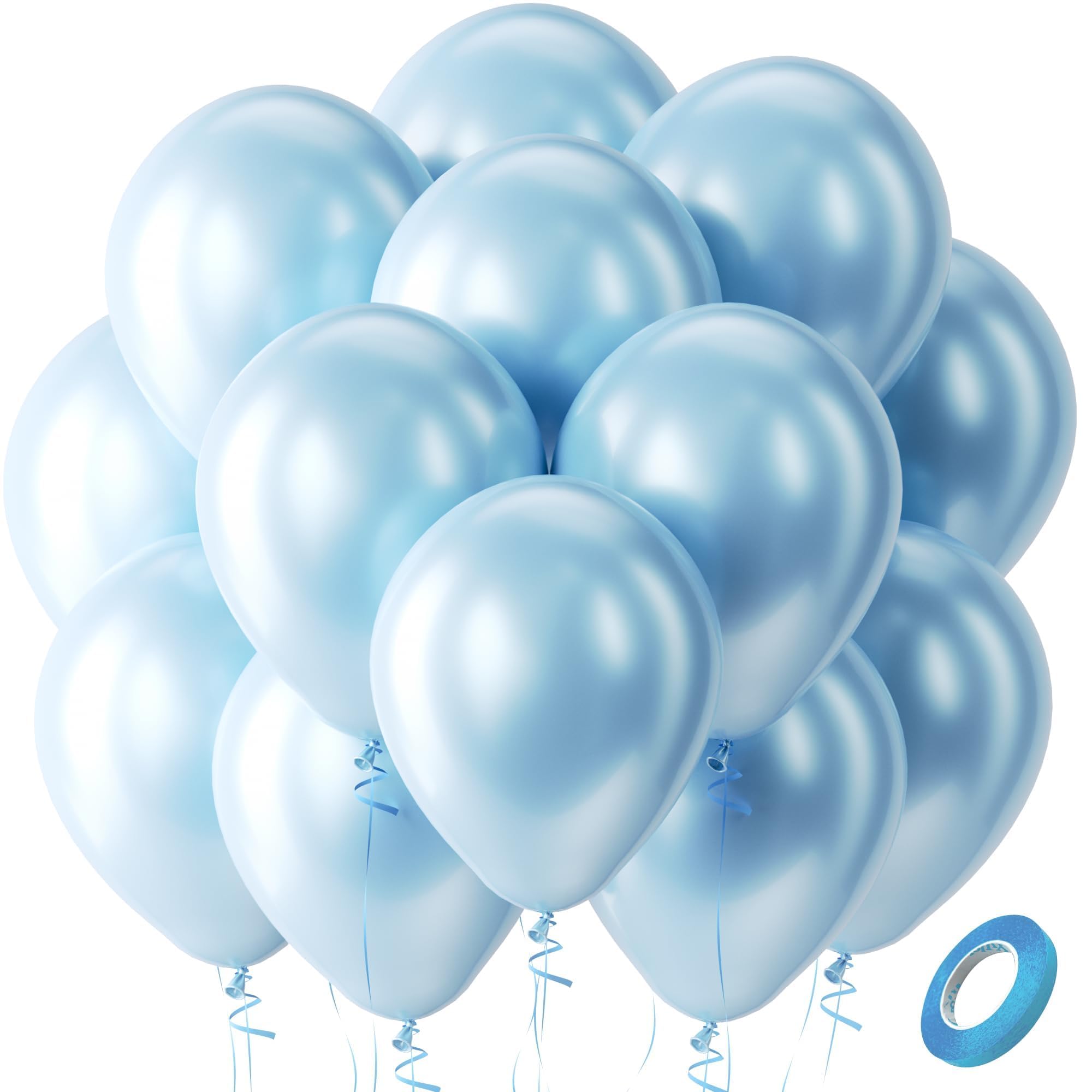 Bezente Pearl Light Blue Latex Round Helium Party Balloons 100 Pack 12 inch | Pearl Baby Pastel Blue Balloons for Graduation Birthday Under The Sea Theme Party Decorations