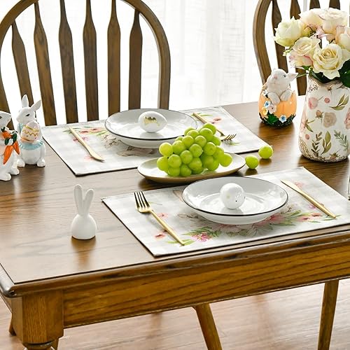 Miniatura 7 de Artoid Mode Juego de 6 manteles individuales de Pascua con orejas de conejo, diseño de búfalo, flores y flores, 12 x 18 pulgadas, para decoración de