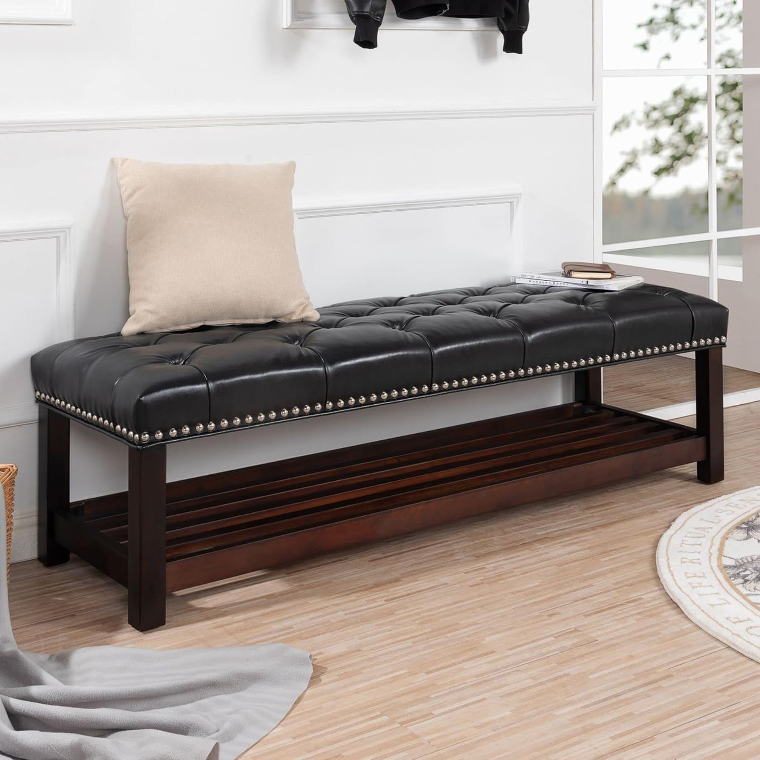Faux Leather Bench, Button Tufted Entryway Bench with Storage, 60" (Black + Wooden Base)