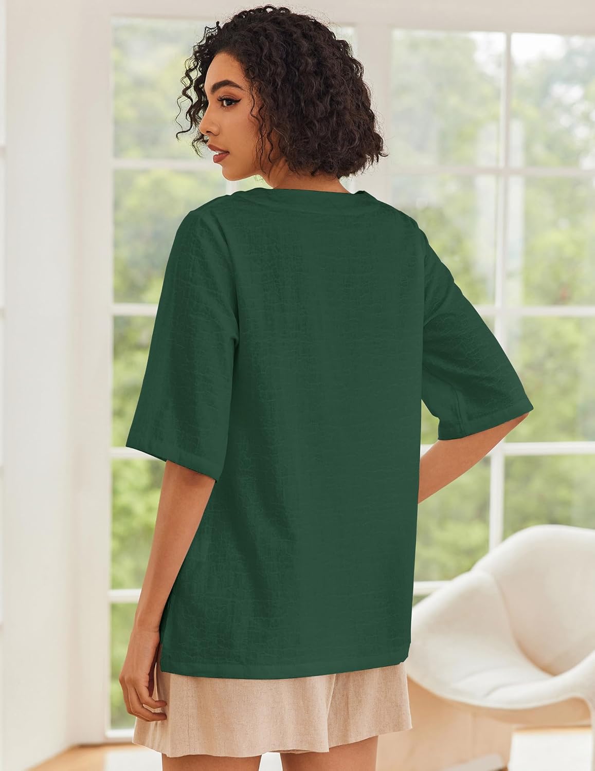 Linen Tops for Women 3/4 Sleeve Crew Neck Cotton Shirts Casual Jacquard Boho Blouse - Image 5