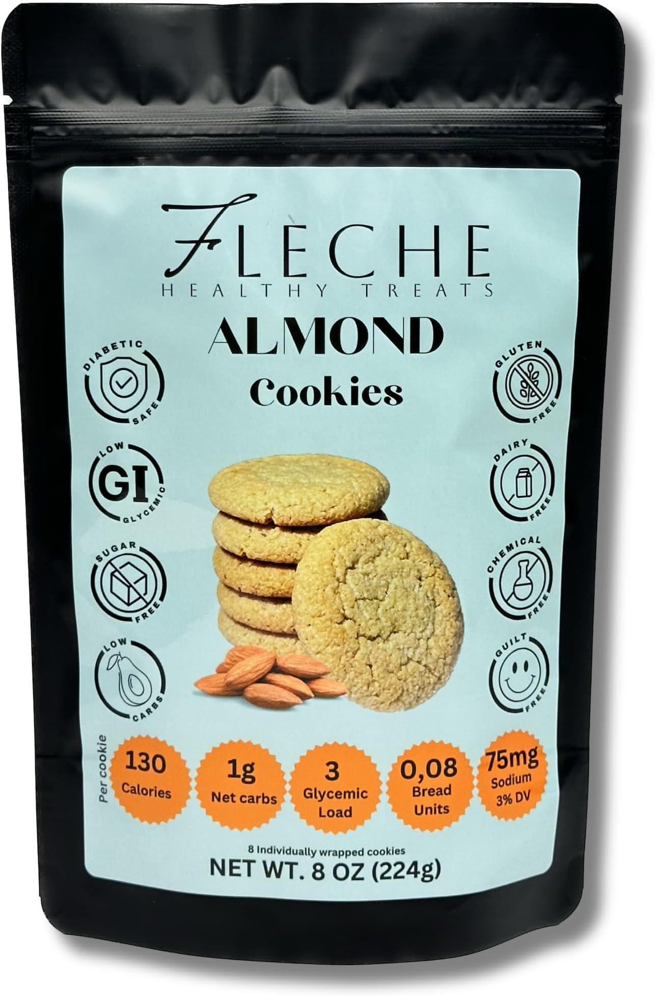 Almond Cookies, Sugar Free, Keto, Diabetic, Gluten Free, Dairy Free, Low Carb, Flèche Healthy Treats, 8OZ (Pack of 1)