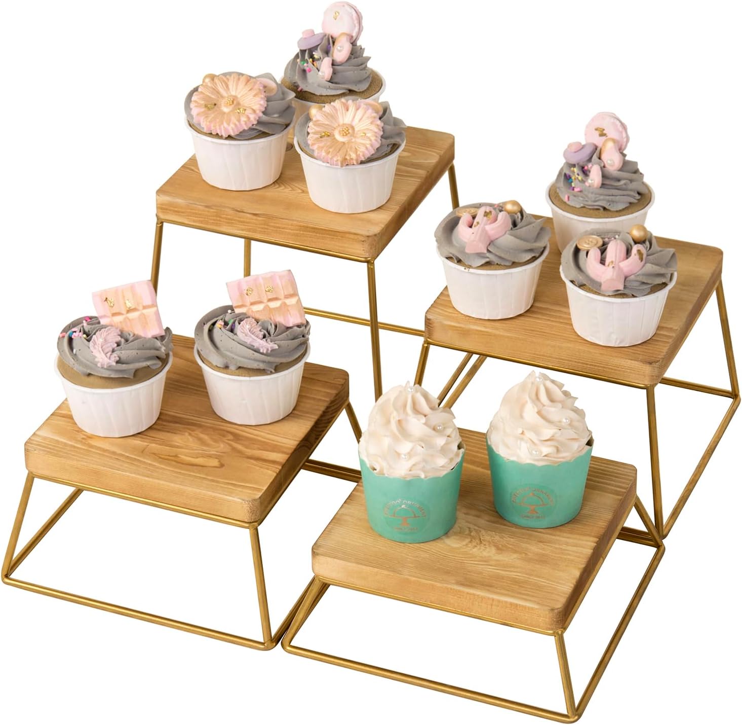 MyGift Gold Food Risers for Display Party, 4-Piece Wood Square Buffet Dessert Stands, Tiered Wooden Riser Set for Pizza, Cupcakes, Ornaments, Perfume or Retail Display