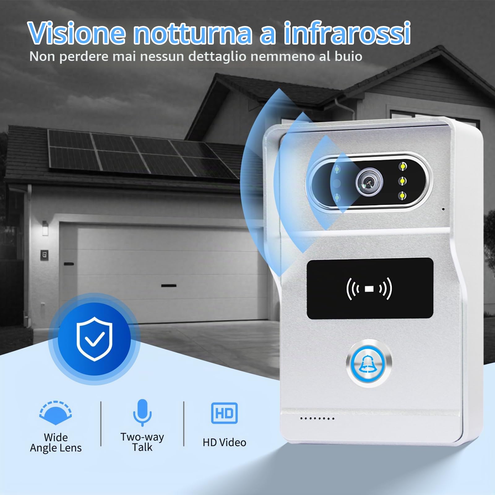 Videocitofono WiFi 2 Fili Smart Tuya, 1080P HD Video Citofono con Telecamera, 7 Pollici Touch Monitor, Fotocamera Visione Notturna IR, Registrazione, Sblocco RFID Carta/APP, IP65