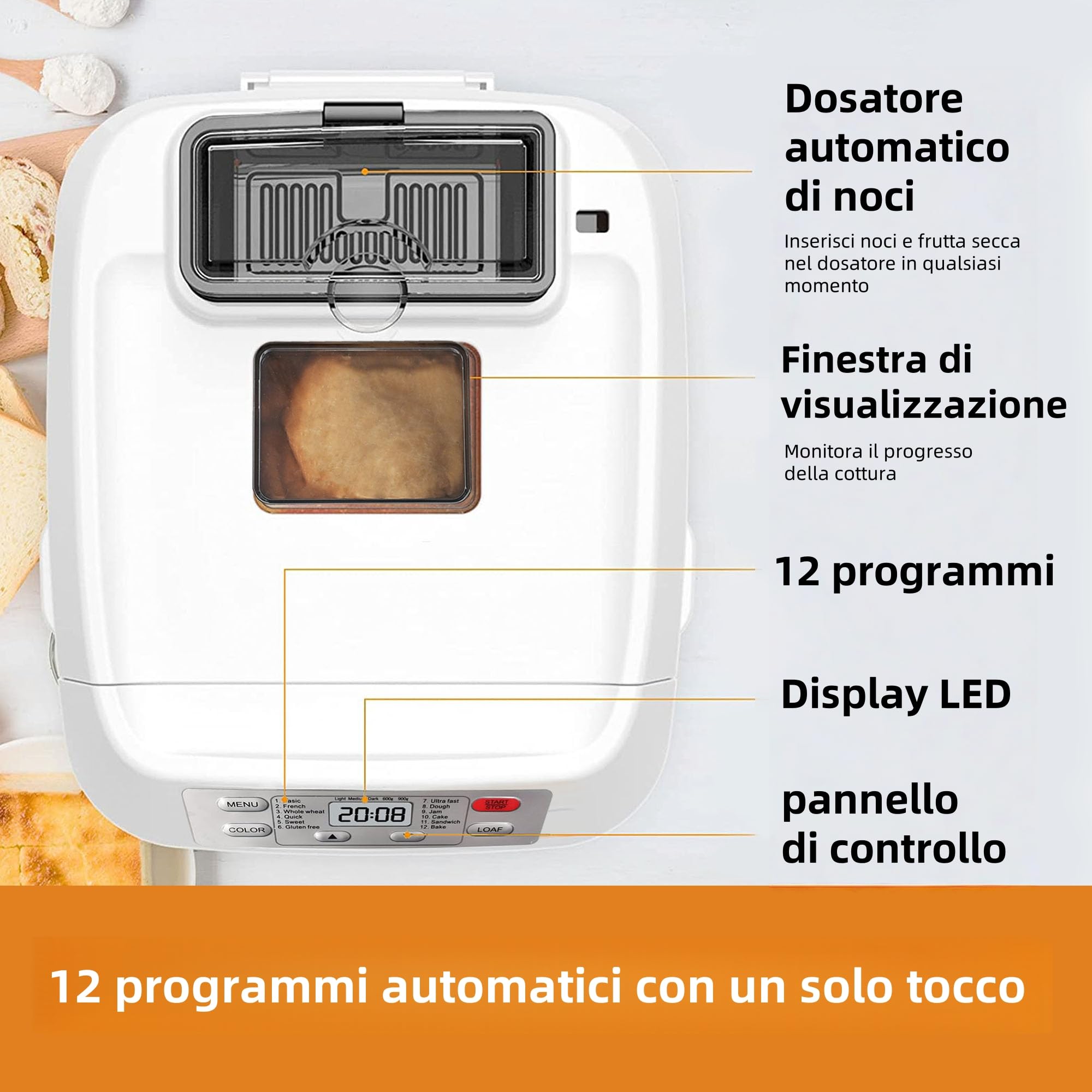 Macchina per il Pane, Kitchen in the Box Macchina del Pane con 12 Programmi, 900g, Senza Glutine, Dispenser Frutta Secca, Teglia Antiaderente, 3 Livelli di Cottura, Timer 13H e 1H Caldo (Bianco)