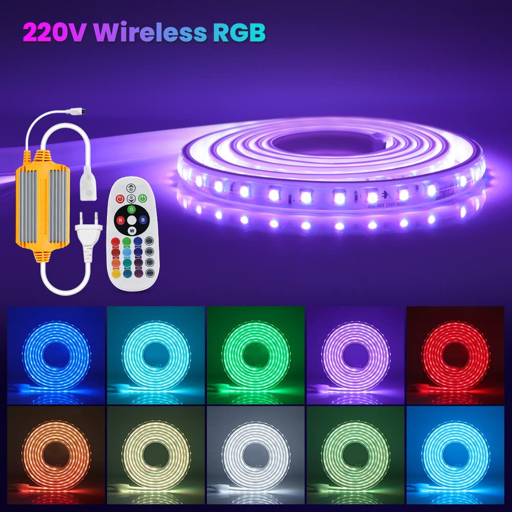 RGB LED Streifen 25M,AC220-240V SMD5050 60LEDs/m Wasserdichte Flexibel Bunt Streifen,1500W Regler Außenbereich Multi-Farbwechsel LED Lichtband mit 24 Tasten Fernbedienung für Wohnzimmer, Balkon