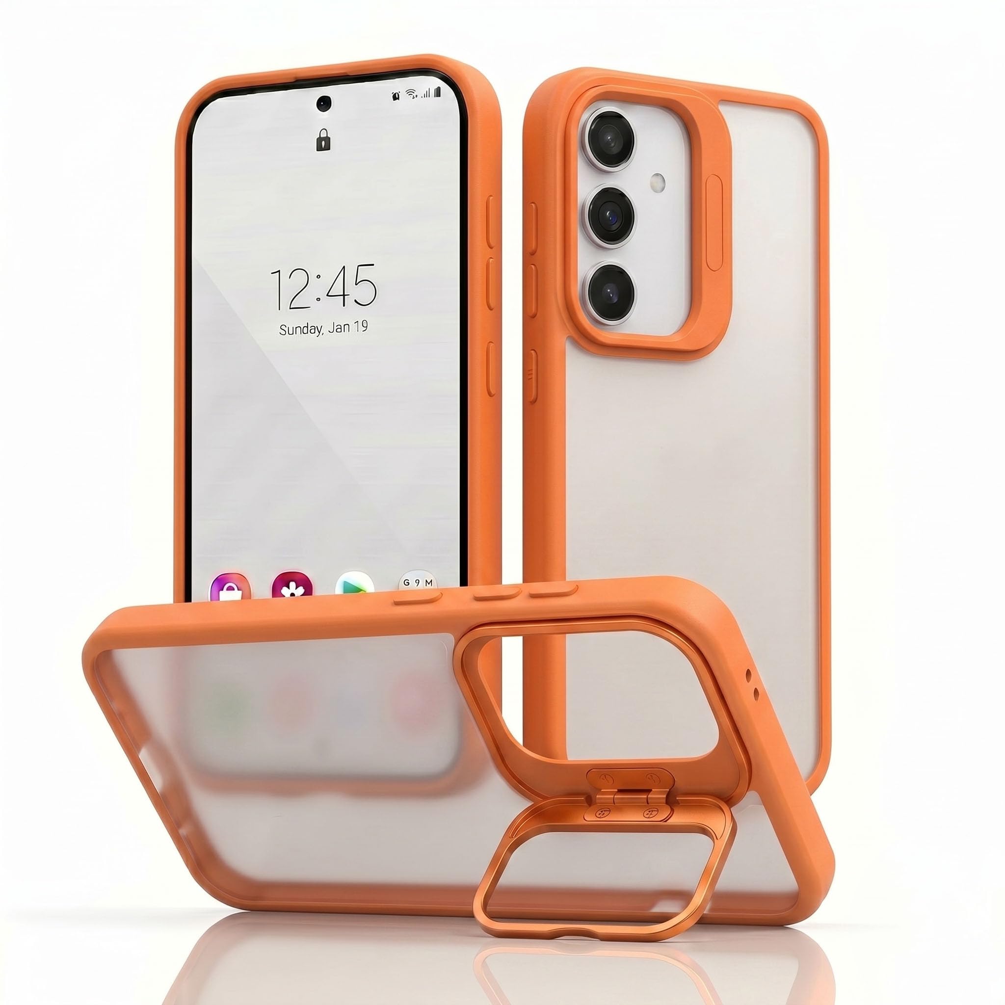 amazon basics Frosted Matte Case for Samsung Galaxy A55 5G | Built-in Flip-Out Camera Lens Stand | Translucent Back with Contrast Orange Bumper | Shockproof Protective Cover with Foldable Kickstand-image-46