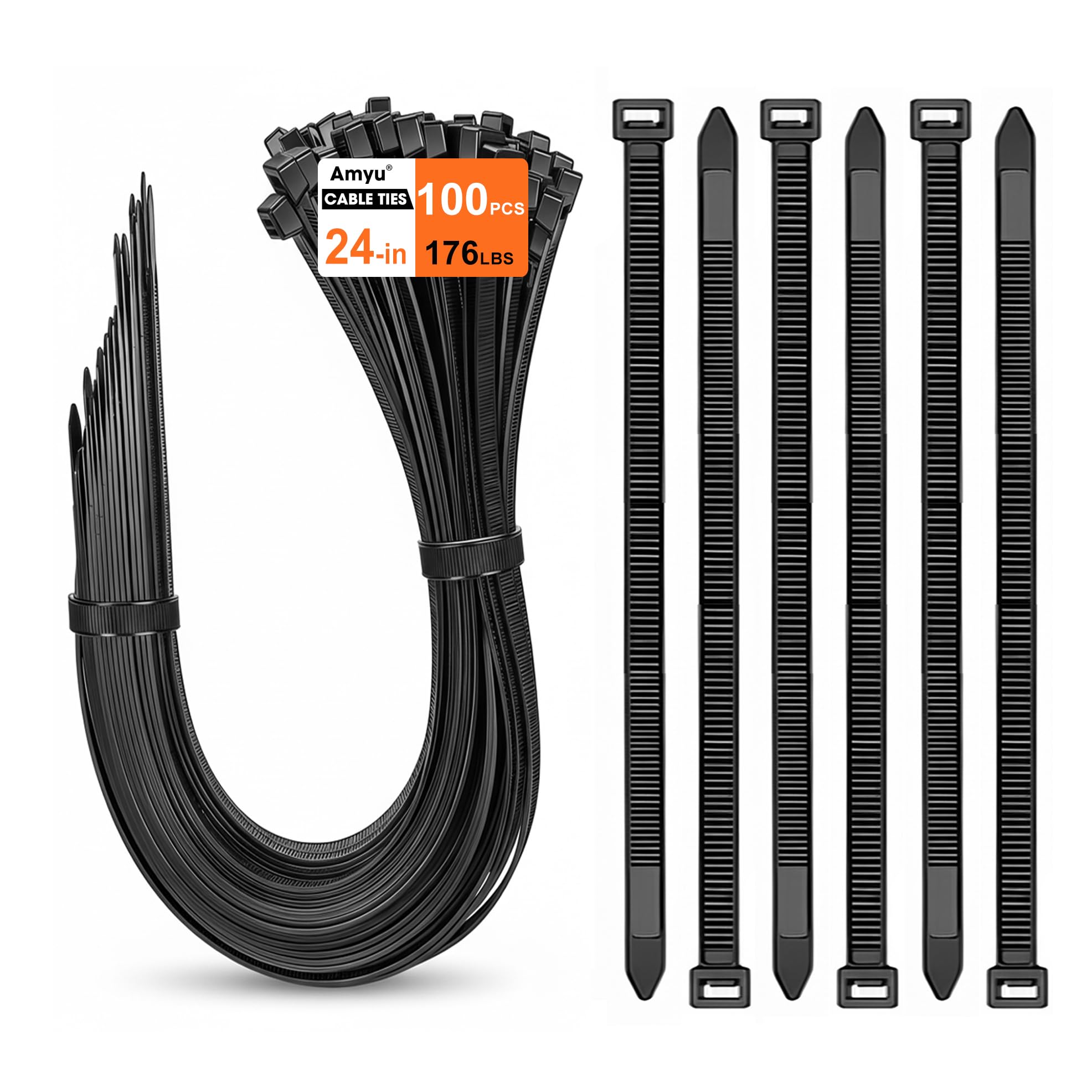 Amyu 100 Pack Cable Ties Heavy Duty 176 lbs, 600 x 8.8 mm Zip Ties Black, 24 inch Tie Straps Long, 60cm Long Self Locking Nylon Tie Wraps UV Resistant, Plastics Ties for Garden Workshop Indoor Outdoor