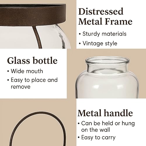 Miniatura 4 de Florero rústico de granja, florero de cristal con marco de metal envejecido para decoración del hogar, arreglo floral, mesa de comedor, centro de