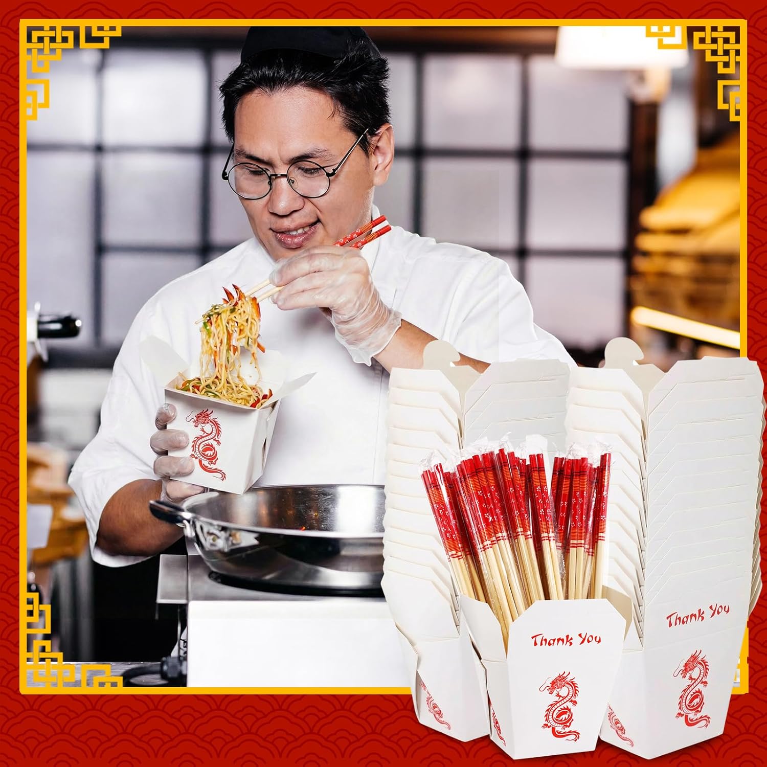 Honeydak 100 Sets Chinese Take out Boxes with Separated Bamboo Chopsticks 16 oz Food Takeout Containers for Birthday Christmas Party Event Restaurant, Ready to Use