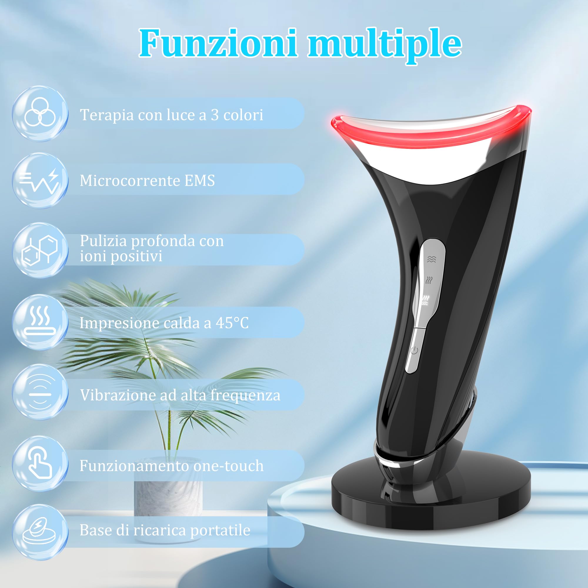 Massaggiatore Viso Antirughe, Dispositivo di Bellezza con 45 ℃ EMS per Lifting e Rassodamento Viso e Collo, Gua Sha Elettrico con 3 Modi LED Terapia Della Luce