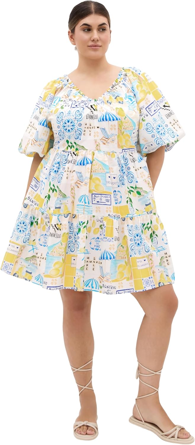 City Chic Plus Size Dress - Fantasy Amalfi Print Puff Sleeve Mini