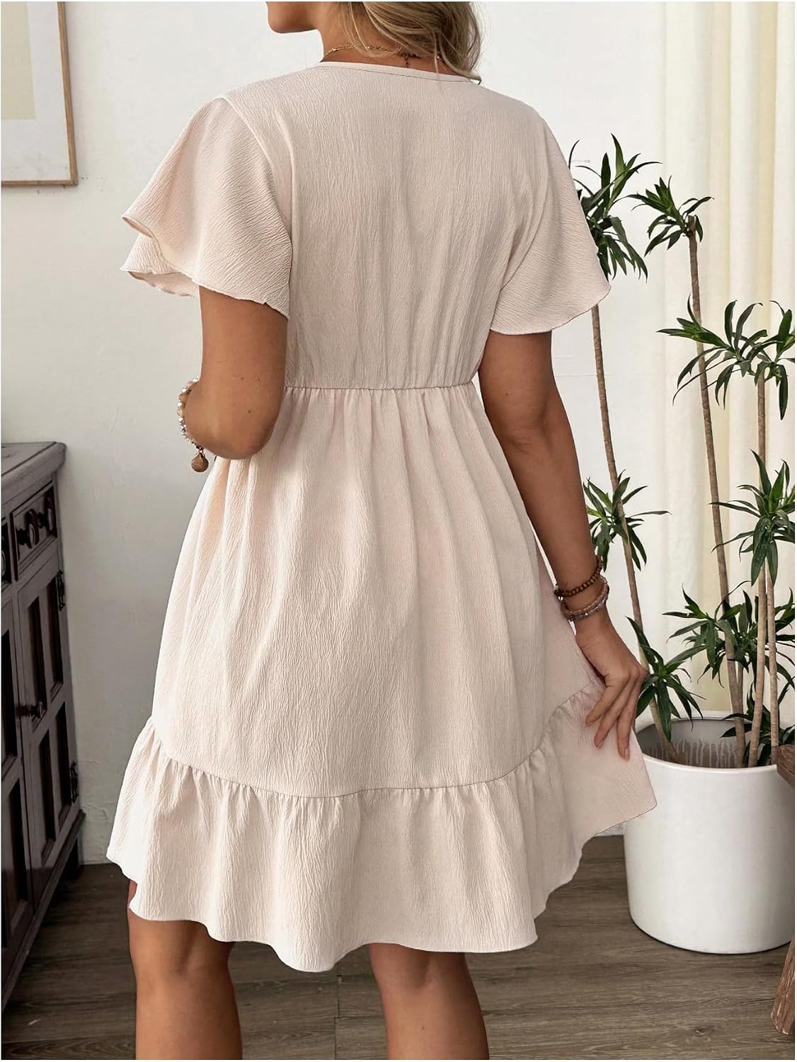 OYOANGLE Women's Maternity Dress Ruffle Short Sleeve V Neck Ruffle A Line Short Dress for Baby Shower