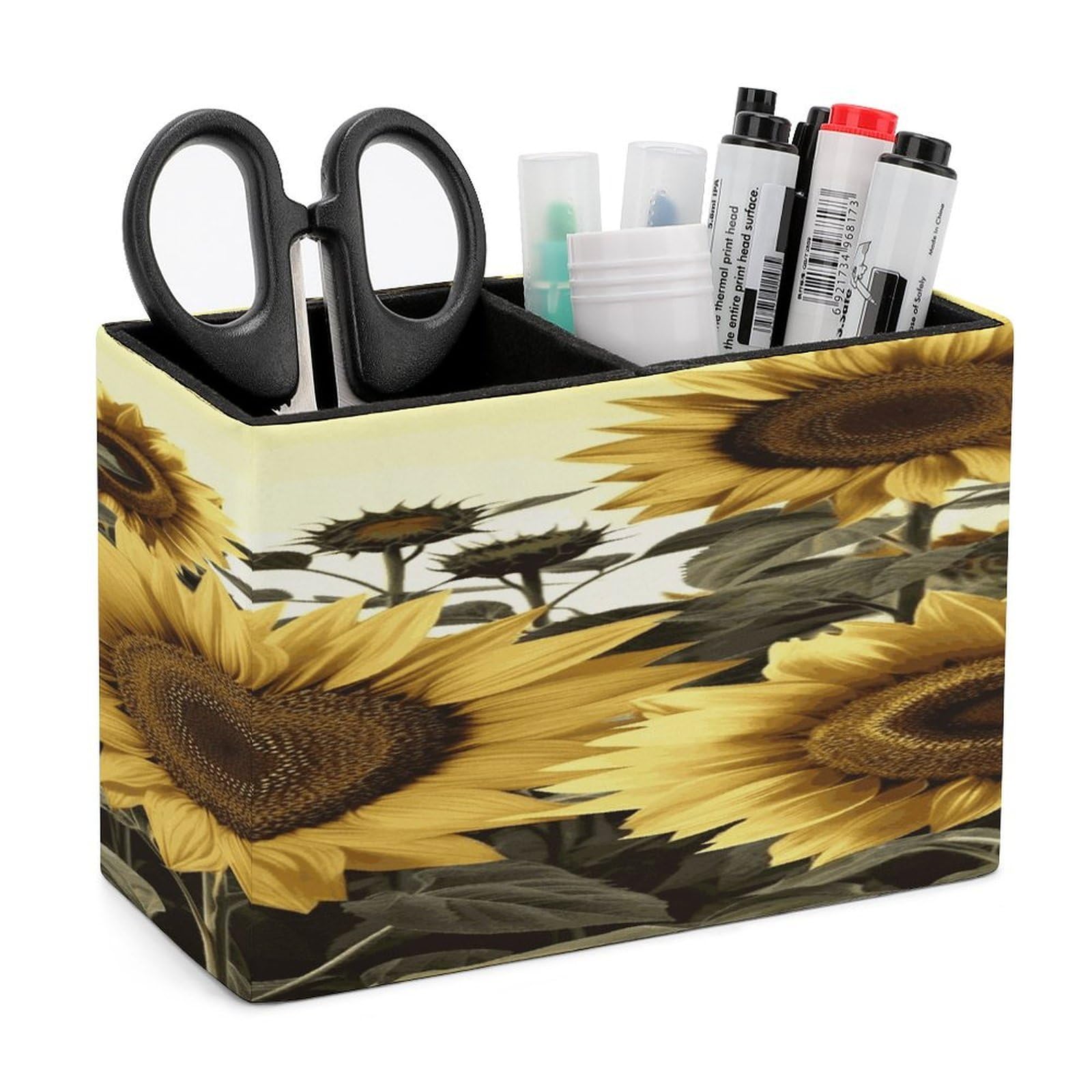 FekiLoot Yellow Sunflower Floral Leather Pen Holder for Desk Double Compartments Brush Minimalist PU Leather Pencil Holder Locker Organizer for Work Locker Accessories Pencil Cup for Desk