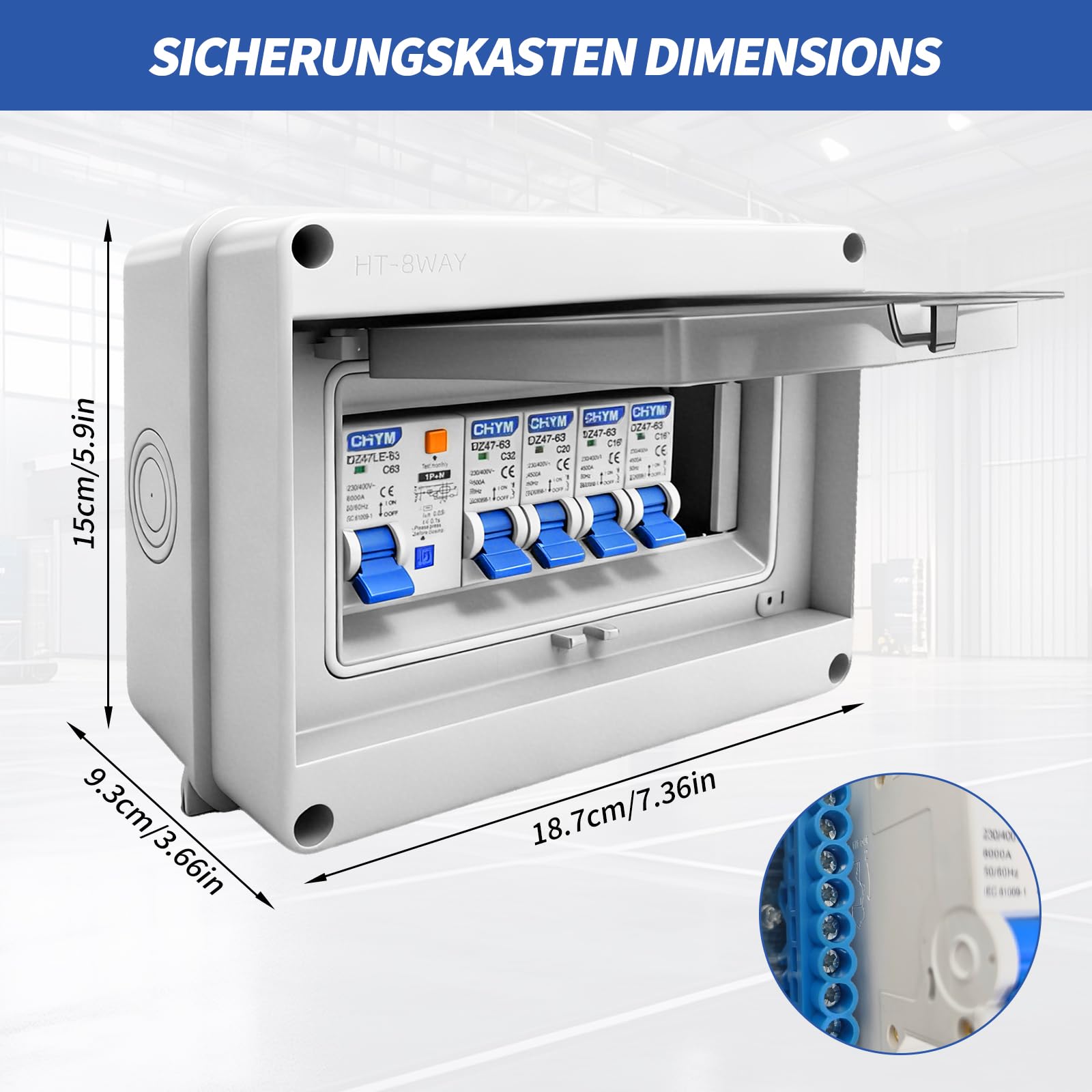 Coffret Electrique Etanche, Tableau Electrique avec Disjoncteur, Boite multiprise IP65 pour Caravanes/Garages/Ateliers/Villas, Bornier Electrique avec Disjoncteur 63A CA 2x16A + 20A + 32A
