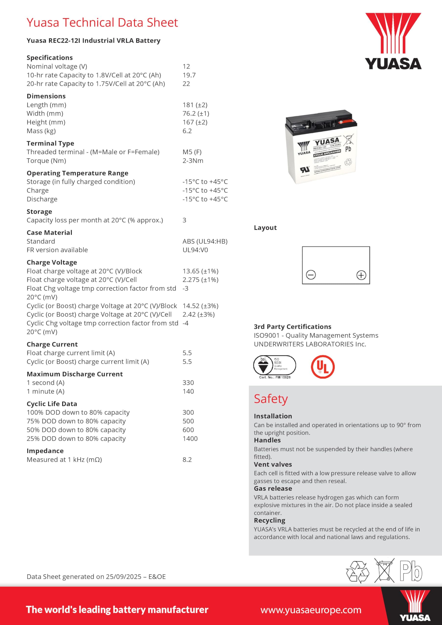 batteria di ricambio YUASA per illuminazione di emergenza, impianti di allarme 12V 22Ah resistente ai cicli
