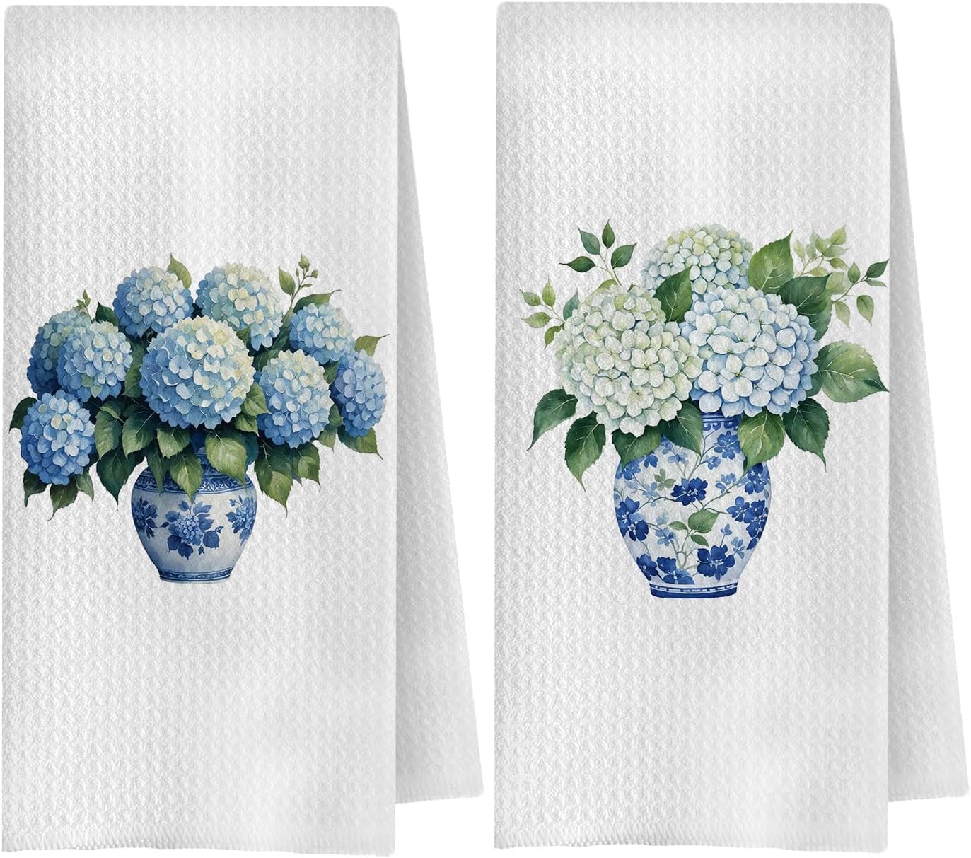 Chinoiserie Hydrangea Kitchen Towels, Blue and White Hydrangea Floral Dish Tea Towels for Kitchen, Grandmillennial Vase Flower Decorative Hand Towel for Bathroom, 16x24 Inch Set of 2