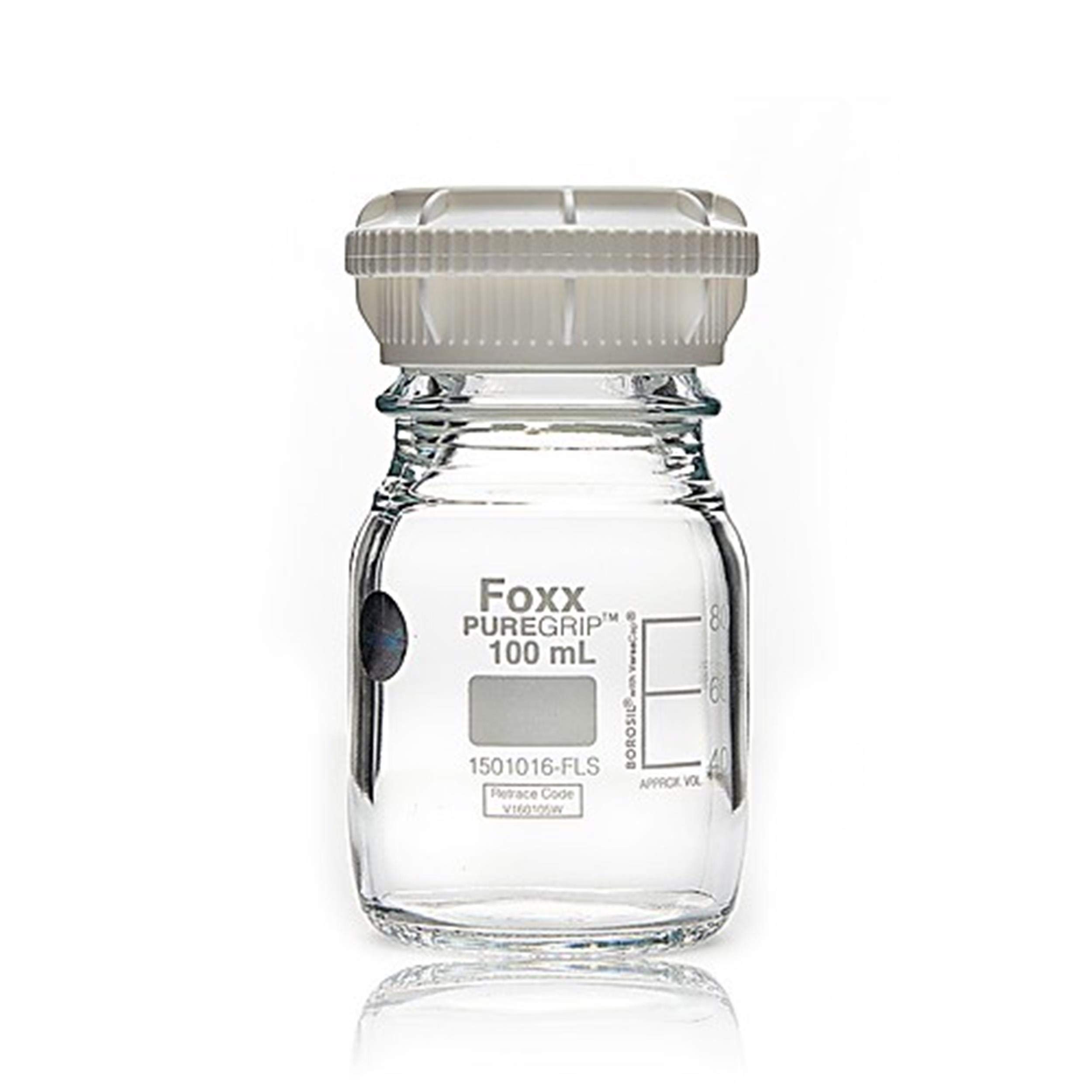 Foxx Life Sciences 1501016-FLS PUREGRIP Borosilicate Glass 3.3 Reagent Bottle with GL45 Screw Cap and Pouring Ring, Graduated, Clear, 100 ml Capacity (Pack of 10)