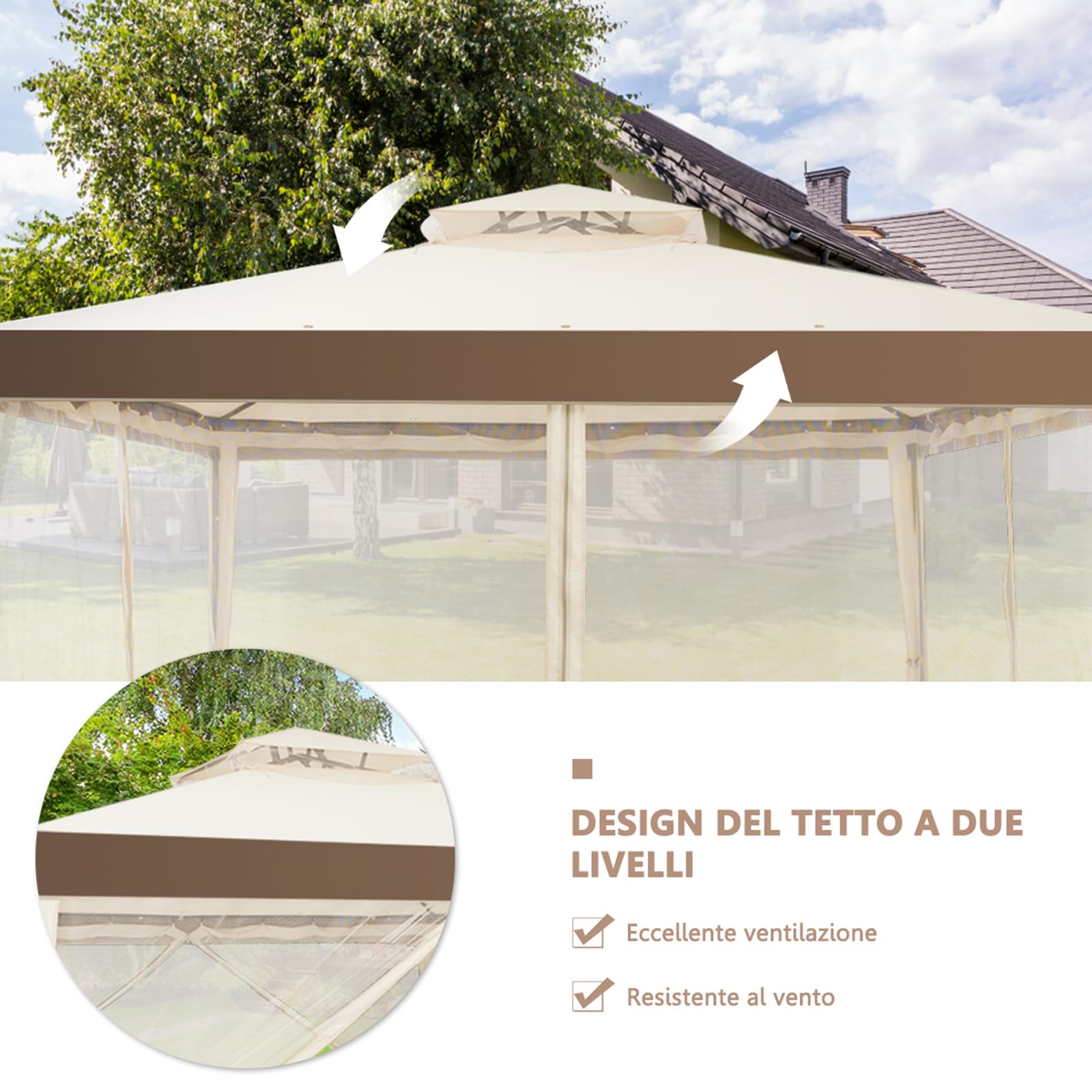 COSTWAY Gazebo da Giardino 3 x 3 m, Gazebo da Esterno con Zanzariera, Doppio Tettuccio e 4 Tendine Poliestere Laterali, Impermeabile, Struttura in Metallo, per Giardino, Patio e Cortile (Beige)