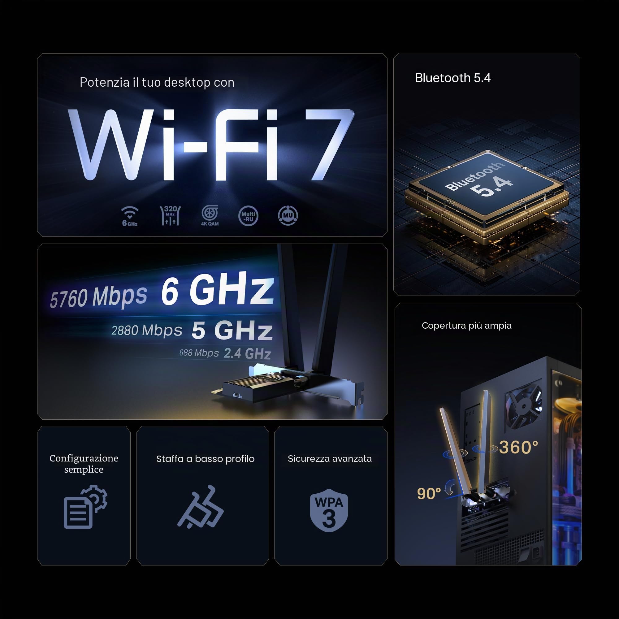 TP-Link WiFi 7 BE9300 PCIe WiFi Card Archer TBE552E | Scheda di rete Tri-Band per PC desktop | Bluetooth 5.4 | Antenna ad alto guadagno | MLO, WPA3 | Supporta scheda madre AMD/Intel | Non compatibile