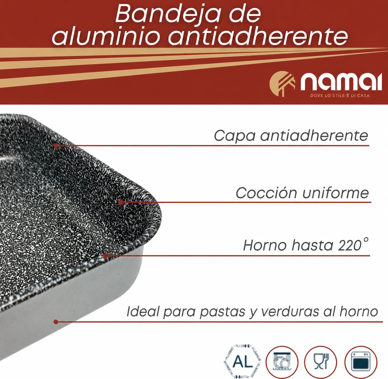NAMAI - Juego de 3 Bandejas Horno Rectangular, Antiadherente, Apto Para Lavavajillas, Aluminio No Tóxico, Made In Italy, Bandejas De Horno (Set Tris 35 cm, 30 cm, 25 cm)