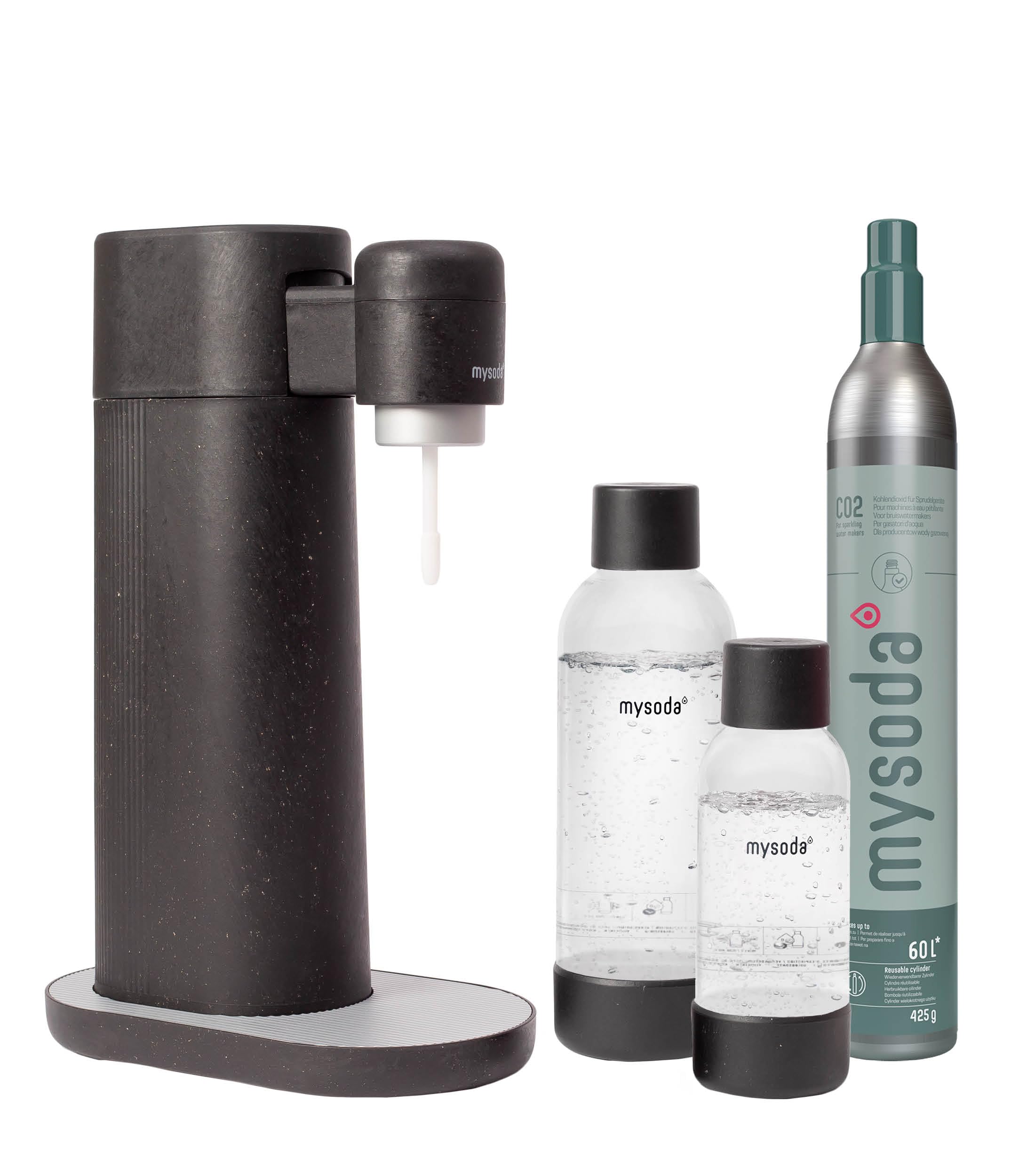 Mysoda: Toby zestaw saturatora z odnawialnego kompozytu drewnianego, 1 l i 0,5 l Quick-Lock, plastikowe butelki bez BPA i cylindry CO2, kolor czarny