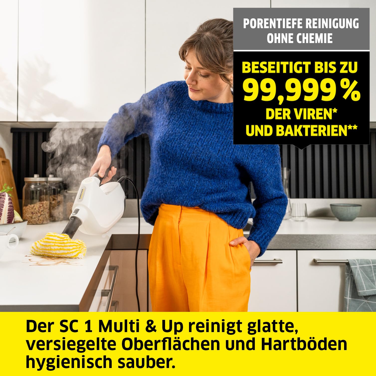 Kärcher Dampfreiniger SC 1 Multi & Up, Aufheizzeit: 30 s, Flächenleistung: ca. 20 m², Tank: 0,2 l, Gewicht: 1,6 kg, Bodendüse EasyFix Large, 1 Mikrofaser-Bodentuch Large, Entkalkungskartusche