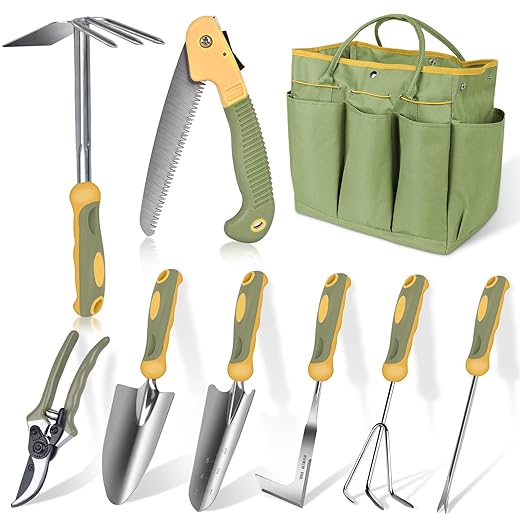 WisaKey Garden Tools Set, 9 Piece Stainless Steel Gardening Tools Set for Starter, Non-Slip Ergonomic Heavy Duty Gardening Kit with Durable Organizer Storage Bag, Gardening Tools - Gifts for Women Men