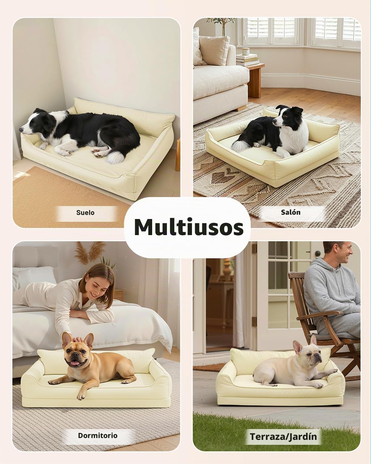 Ortopédica Cama Perro Grande–111x81cm, Beige Cuero Sintético Impermeable | Sofá Perro Desenfundable y Lavable, Cama para Perros 4 bordes altos, Colchon Perro Antideslizante