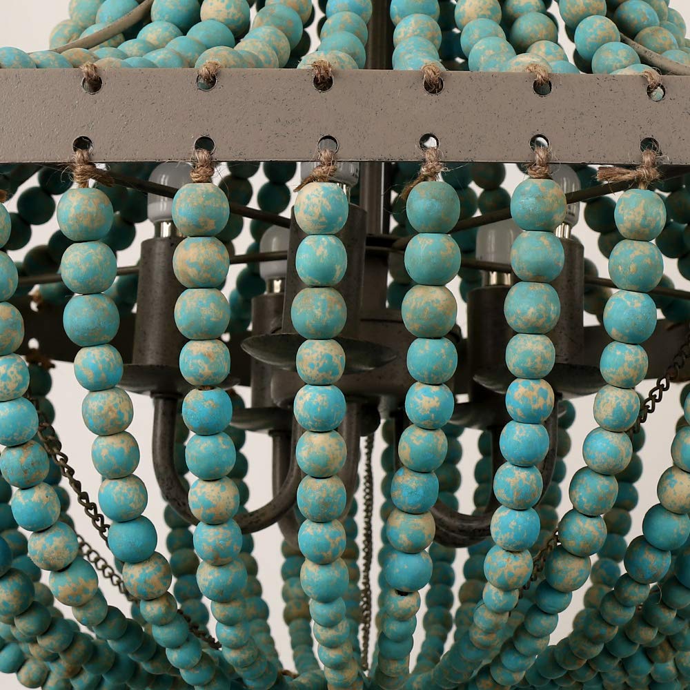 Lámpara de techo pentagonal con cuentas de madera gris azul | Bohemio Boho Beachy Plafón Lámparas