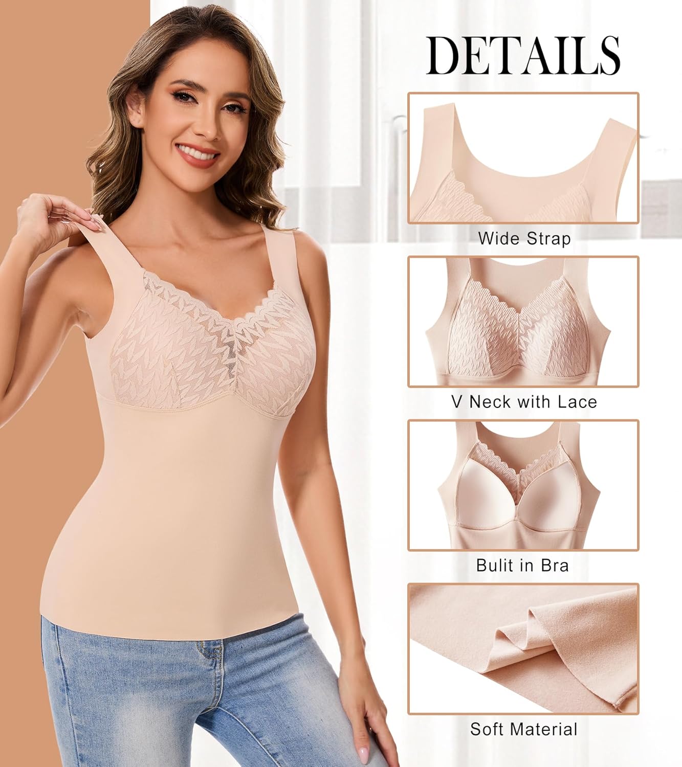 Lace Trim Tank Tops for Women Seamless Camisole with V-Neck Design Wide Straps Stretch Fabric Going Out Tops - Image 3