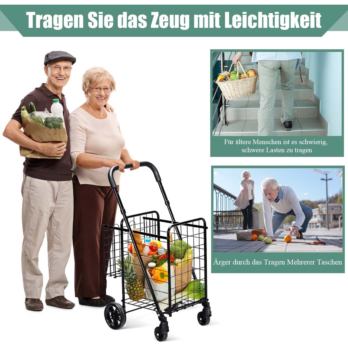 Boodschappentrolley Winkelwagen 4-wiel Bolderkar-Opvouwbare Wagon Tuin