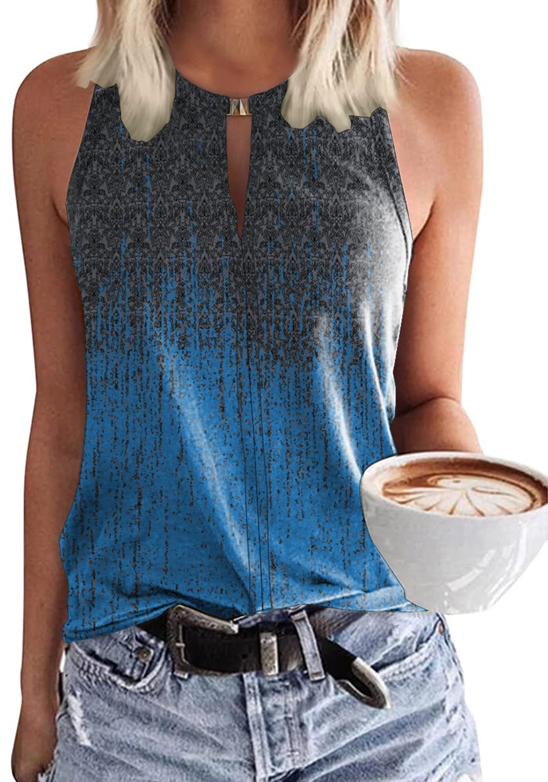 Women's Keyhole V-Neck Tank Top – Sleeveless Loose Fit Floral Blouse For Summer