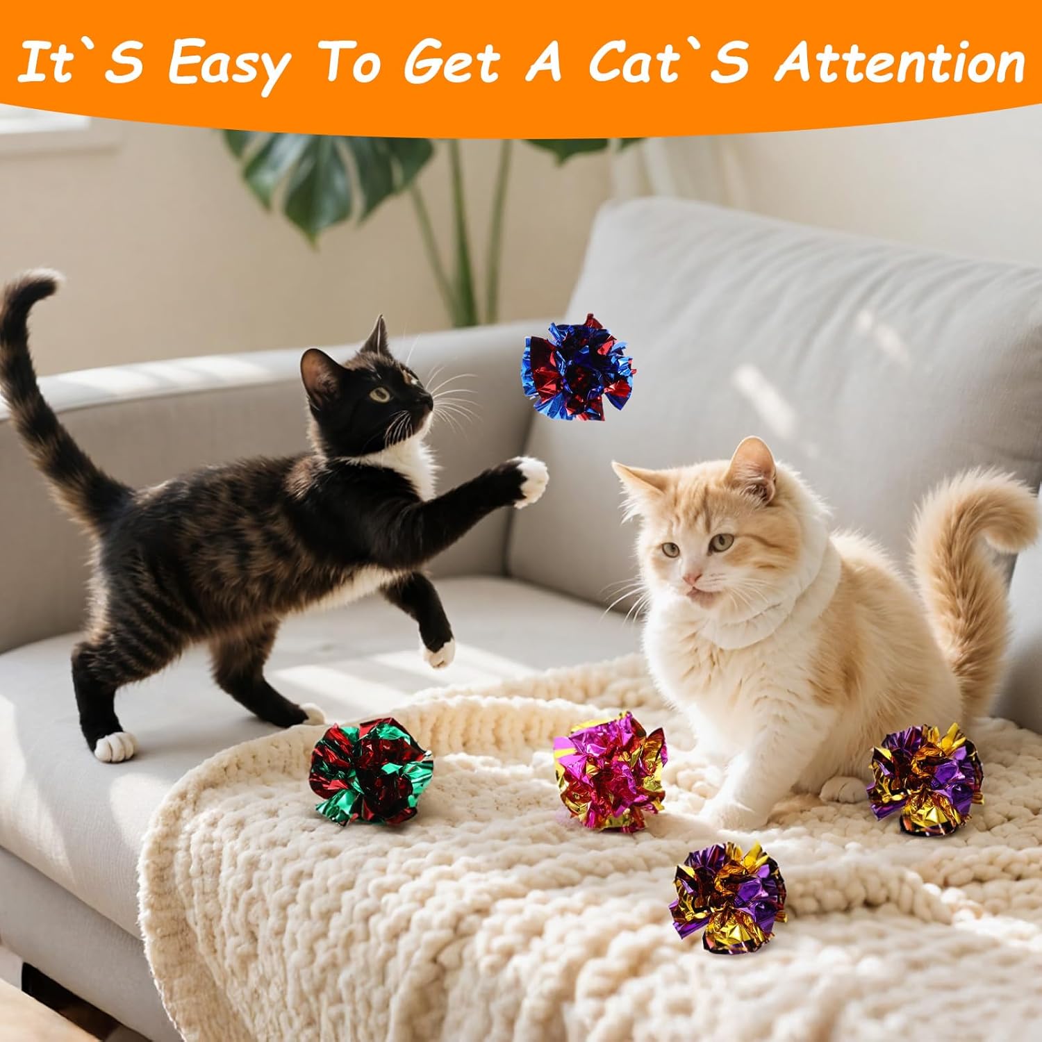 100PCS Crinkle Cat Toys, Colorful Polyester Film Crinkle Balls for Cats, 2.36 Inch Interactive Chew and Chase Cat Ball Toys for Kitten Exercise and Indoor Play